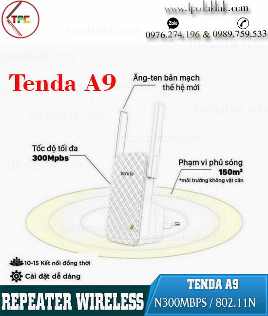 Kích sóng Repeater Wifi Tenda A9 - Thiết bị mở Rộng Sóng Wifi Tenda A9 Chuẩn N Tốc Độ 300Mbps 