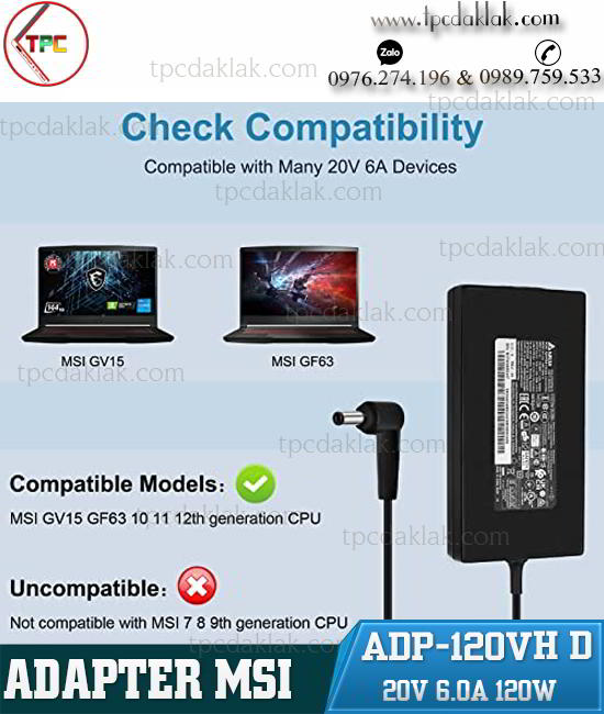 Sạc ( Adapter ) Laptop MSI ADP-120VH D 20V - 6.0A -120W 4.0x3.5mm Chân Kim Giữa ( Delta Original )
