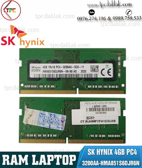 Ram ( Memory ) Laptop SKhynix 4GB PC4/DDR4 3200AA - 3200MHz - HMA851S6DJR6N