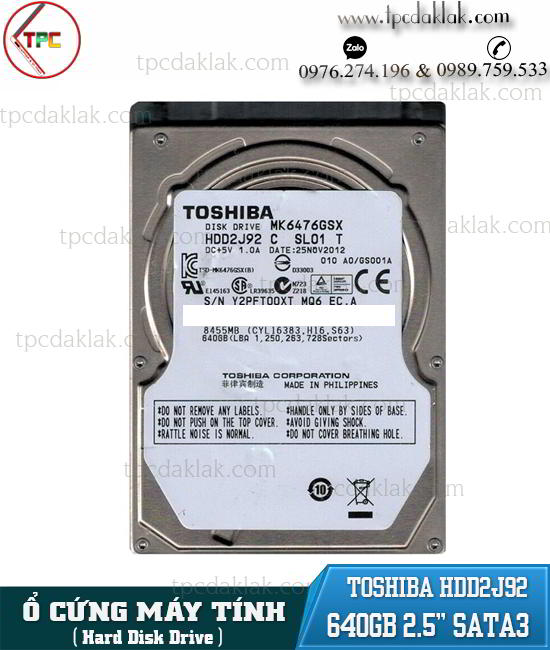 Ổ cứng máy tính 640GB Toshiba HDD2J92 ( 2.5" 5400RPM, 300 MB/seconds, 8MB Cache, Sata3 3Gbp/s )