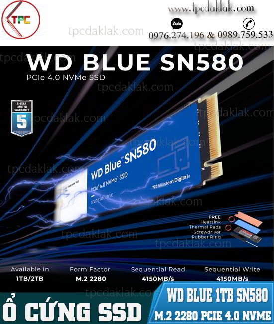 Ổ cứng SSD M.2 PCIe NVME 2280 WD BLUE 1TB SN580 | Western Digital 1TB WDS100T3B0E