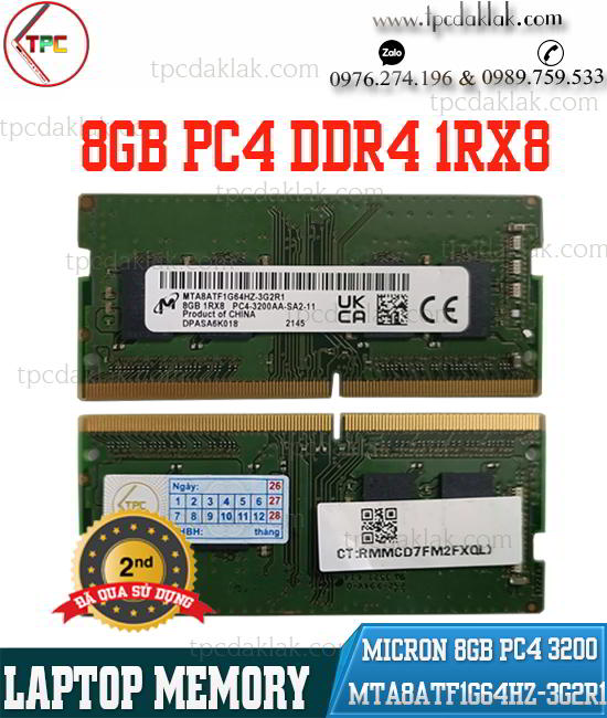 Ram ( Memory ) Laptop Micron 8GB 1Rx8 DDR4 ( PC4 ) - 3200AA / 3200Mhz - MTA8ATF1G64HZ-3G2R1