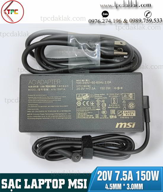 Sạc ( Adapter ) Laptop MSI GL66 GF66 GF76 20V - 7.5A -150W 4.0x3.5mm Chân Kim Giữa ( Oem Design )