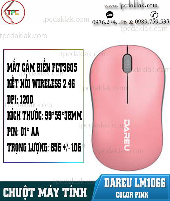 Chuột Máy Tính, Laptop Không Dây Dareu LM106G [ Color Pink / 2.4 GHZ / 1200DPI ] - Chuột máy tính không dây Dareu