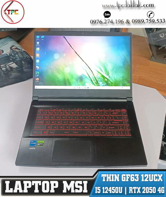 Laptop MSI Gaming GF63 12UCX-841VN/ Intel Core i5 12450H/ Ram 8GB PC4/ SSD 512GB NVME / VGA RTX 2050 4G / Màn hình 15.6 Inch 144Hz