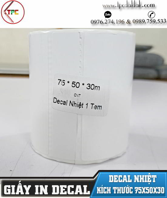 Giấy in tem nhãn ( Decal nhiệt ) 75x50mm dài 30m ( 75x50x30 )  | Giấy in bill, in hóa đơn, in nhiệt tại Dak Lak, Buôn Ma Thuột