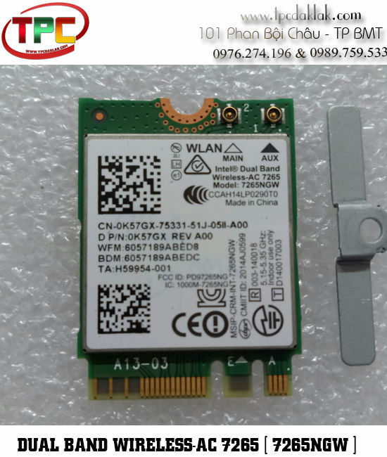 Card  Wifi Intel® Dual Band Wireless-AC 7265 - 7265NGW 802.11ac 867m 2x2 Wifi BT4.0 