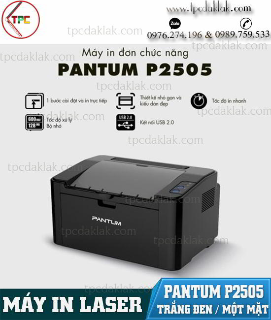 Máy In đơn sắc Pantum P2505  | Printer Laser Pantum P2505 - In Một mặt A4, A5, B5 ( USB 2.0,Một mặt )