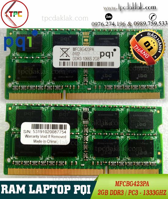 RAM LAPTOP PQI 2GB DDR3 10600S MFCBG423PA| RAM LAPTOP PQI 2GB PC3 1333Ghz MFCBG423PA