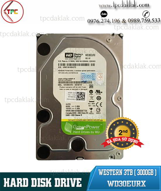 Ổ cứng máy tính HDD Western Digital Green  3TB ( 3000GB ) WD30EURX 3.5 INCH 64MB Cache - 3.5" 5400RPM SATA 6GB/s
